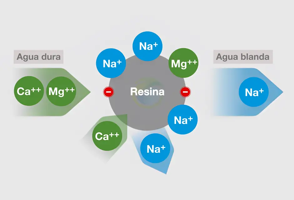 Proceso de descalcificación resina intercambio iones